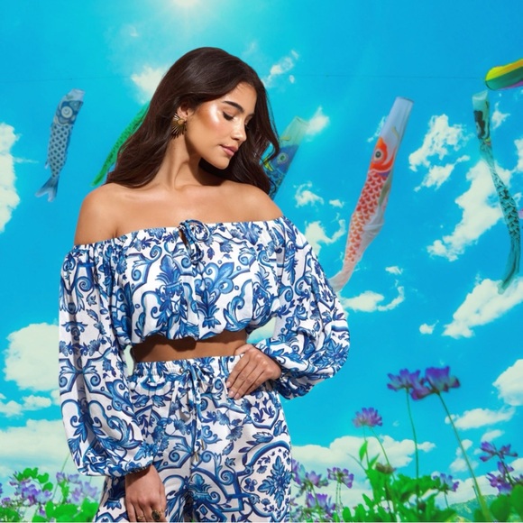 Club L London Pants - Club L London Blue & White Floral Ensemble 2 PC Sheer Blouse & Pant Beachy Set